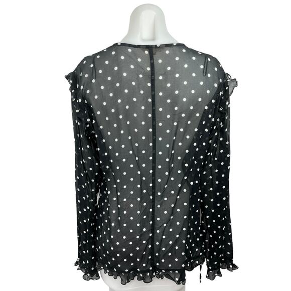 H&M Black Polka Dots V-neck Tie Front Ruffles Long Sleeve Sheer Blouse Top Sz S - Picture 2 of 4